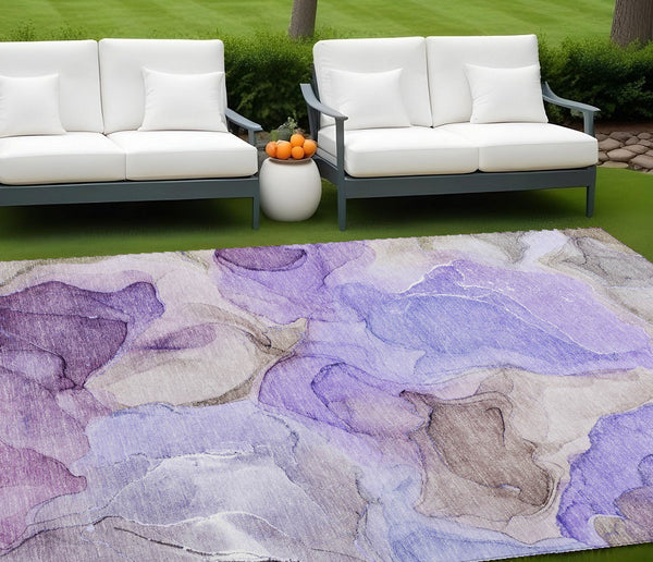 Homeroots 8' X 10' Gray And Purple Abstract Washable Non Skid Indoor Outdoor Area Rug Purple Polyester 559529