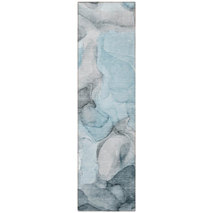Homeroots 8' Runner Teal Abstract Washable Non Skid Indoor Outdoor Runner Rug Teal Polyester 559533