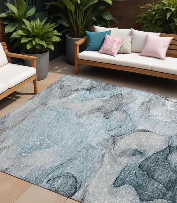 Homeroots 9' X 12' Teal Abstract Washable Non Skid Indoor Outdoor Area Rug Teal Polyester 559539