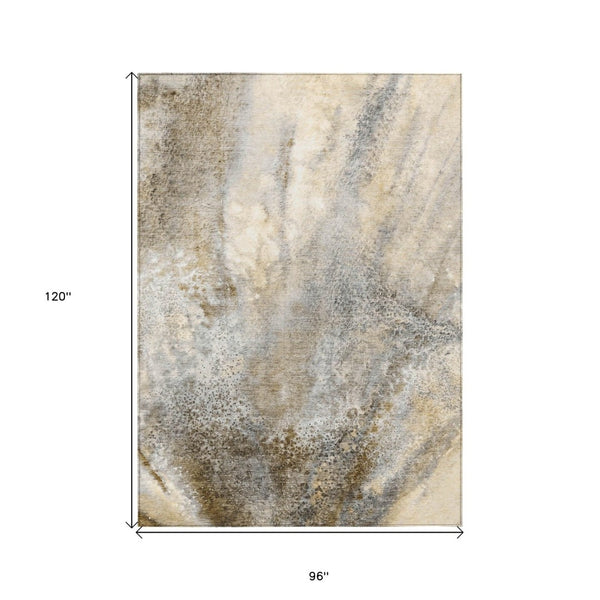 HomeRoots 5' Beige Abstract Washable Indoor Outdoor Area Rug - Durable, Stain-Resistant, Non-Skid Design 8' X 10' 559556