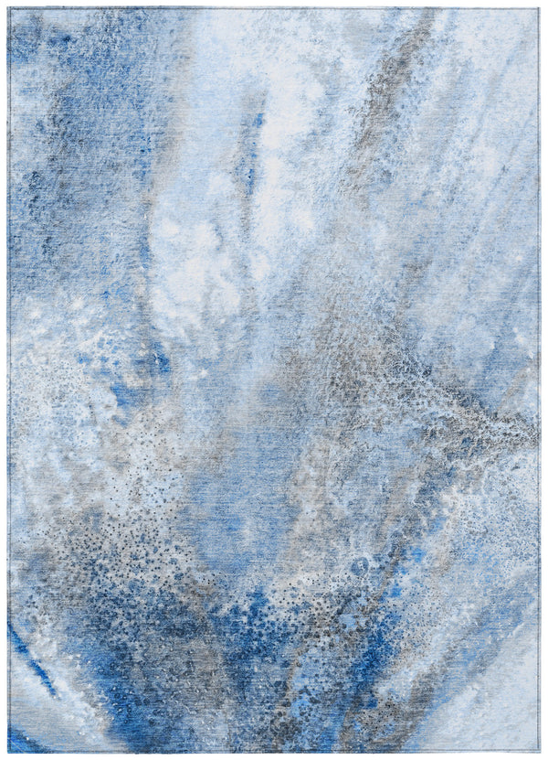 Homeroots 3' X 5' Ivory Blue And Gray Abstract Washable Non Skid Indoor Outdoor Area Rug Navy Polyester 559589