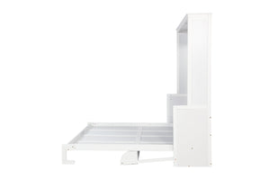 English Elm Queen Murphy Wall Bed with Integrated Desk Gas Strut Lift White Cabinet for Small Spaces White W504S00216