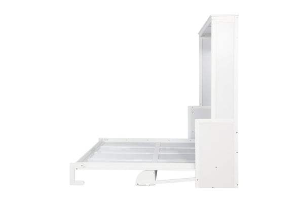 English Elm Queen Murphy Wall Bed with Integrated Desk Gas Strut Lift White Cabinet for Small Spaces White W504S00216