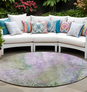 Homeroots 8' Round Purple Round Abstract Washable Non Skid Indoor Outdoor Area Rug Purple Polyester 559609