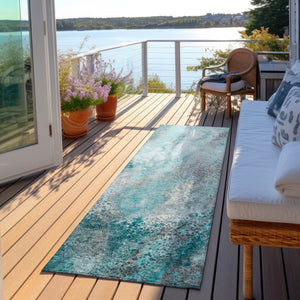 Homeroots 8' Runner Gray And Ivory Abstract Washable Non Skid Indoor Outdoor Runner Rug Teal Polyester 559614