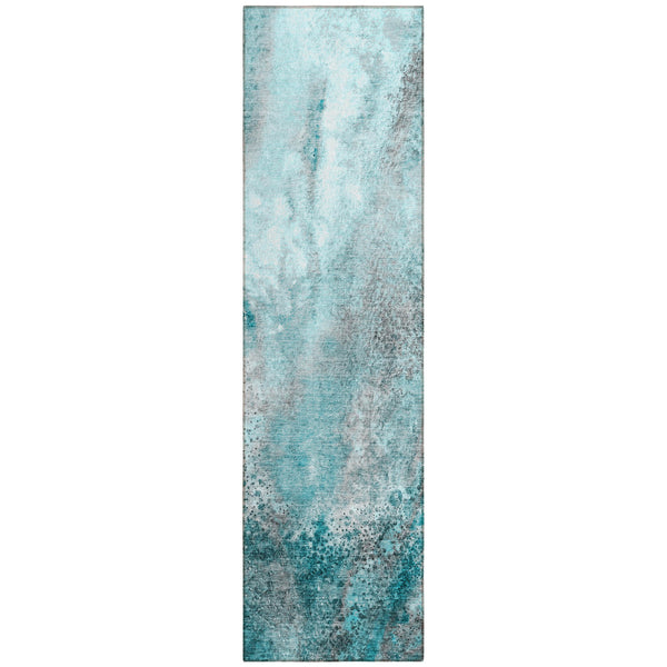 Homeroots 8' Runner Gray And Ivory Abstract Washable Non Skid Indoor Outdoor Runner Rug Teal Polyester 559614