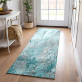 Homeroots 8' Runner Gray And Ivory Abstract Washable Non Skid Indoor Outdoor Runner Rug Teal Polyester 559614