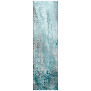Homeroots 8' Runner Gray And Ivory Abstract Washable Non Skid Indoor Outdoor Runner Rug Teal Polyester 559614