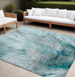 Homeroots 9' X 12' Gray And Ivory Abstract Washable Non Skid Indoor Outdoor Area Rug Teal Polyester 559620