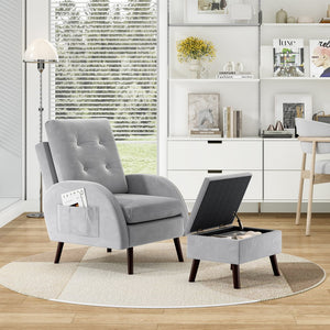 English Elm Upholstered Velvet Accent Chair and Ottoman with Storage, Tufted Design, 6-Level Adjustable Backrest Light Gray T3623P411378