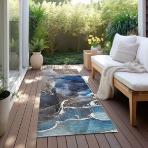 Homeroots 8' Runner Blue Abstract Washable Non Skid Indoor Outdoor Runner Rug Navy Polyester 559650