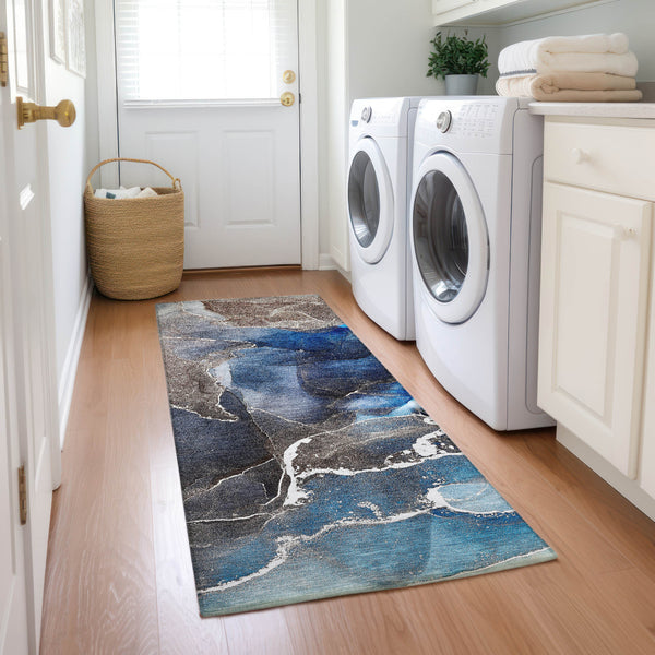 Homeroots 8' Runner Blue Abstract Washable Non Skid Indoor Outdoor Runner Rug Navy Polyester 559650