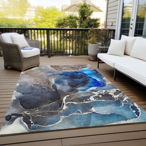 HomeRoots 5' Abstract Area Rug in Ivory, Blue & Gray - Machine Washable, Non-Skid, Indoor & Outdoor Use 10' X 14' 559657