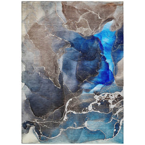 HomeRoots 5' Abstract Area Rug in Ivory, Blue & Gray - Machine Washable, Non-Skid, Indoor & Outdoor Use 10' X 14' 559657