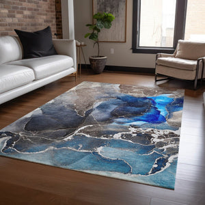 HomeRoots 5' Abstract Area Rug in Ivory, Blue & Gray - Machine Washable, Non-Skid, Indoor & Outdoor Use 10' X 14' 559657