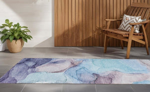 Homeroots 8' Runner Blue Abstract Washable Non Skid Indoor Outdoor Runner Rug Navy Polyester 559659