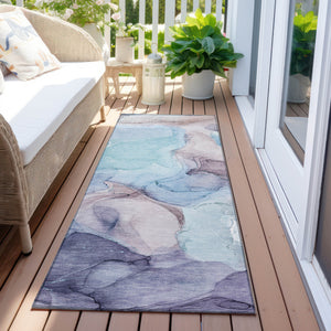 Homeroots 8' Runner Blue Abstract Washable Non Skid Indoor Outdoor Runner Rug Navy Polyester 559659