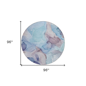 Homeroots 8' Round Blue Round Abstract Washable Non Skid Indoor Outdoor Area Rug Navy Polyester 559663