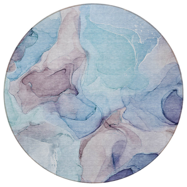 Homeroots 8' Round Blue Round Abstract Washable Non Skid Indoor Outdoor Area Rug Navy Polyester 559663