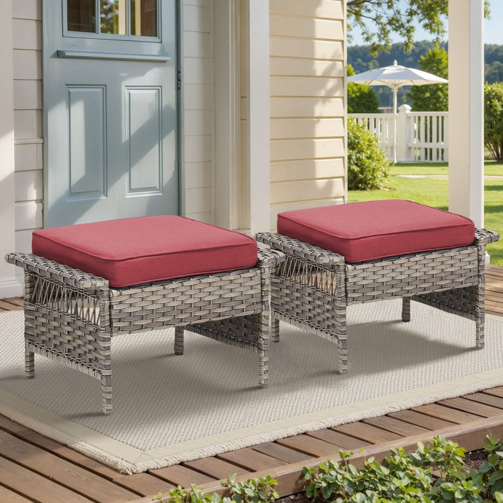 English Elm Outdoor Handwoven Pe Wicker Ottoman Set Patio Footrests with Weather Resistant Cushions Red T3773P416511
