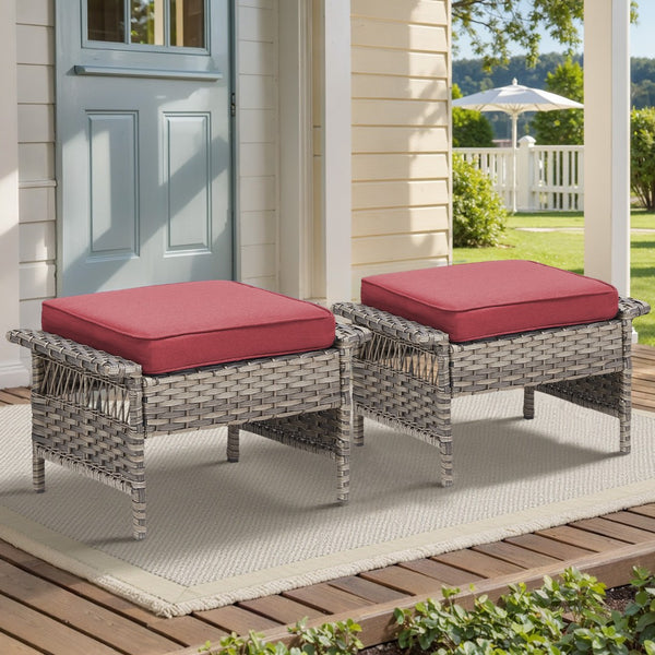 English Elm Outdoor Handwoven Pe Wicker Ottoman Set Patio Footrests with Weather Resistant Cushions Red T3773P416511