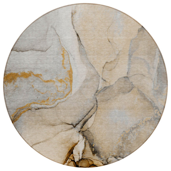 HomeRoots 5' Beige Abstract Area Rug - Washable, Non-Skid Design for Indoor and Outdoor Spaces, Durable & Stylish 8' Round 559672