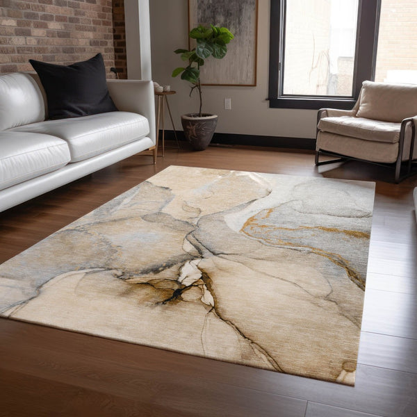 HomeRoots 5' Beige Abstract Area Rug - Washable, Non-Skid Design for Indoor and Outdoor Spaces, Durable & Stylish 8' X 10' 559673