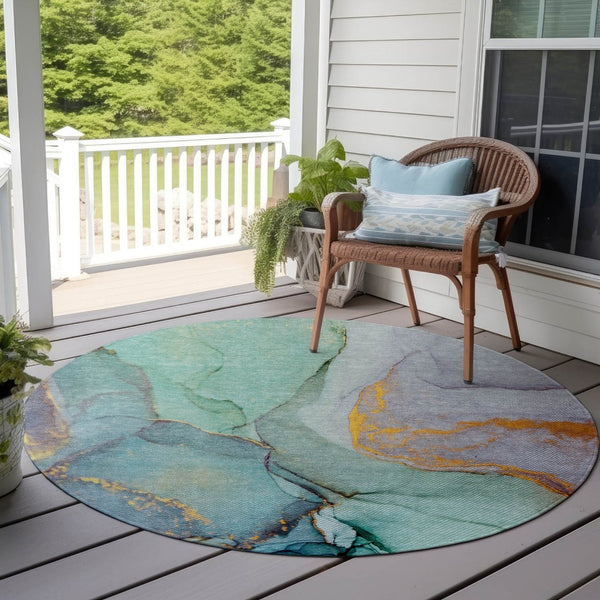 HomeRoots 5' Beige Abstract Area Rug - Washable, Non-Skid Design for Indoor and Outdoor Spaces, Durable & Stylish 8' Round 559717
