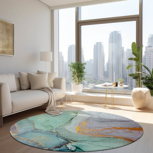 HomeRoots 5' Beige Abstract Area Rug - Washable, Non-Skid Design for Indoor and Outdoor Spaces, Durable & Stylish 8' Round 559717