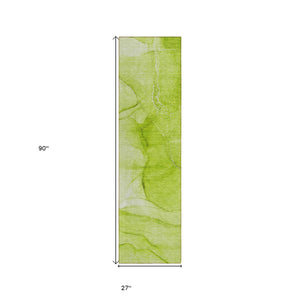 Homeroots 8' Runner Green Abstract Washable Non Skid Indoor Outdoor Runner Rug Green Polyester 559740