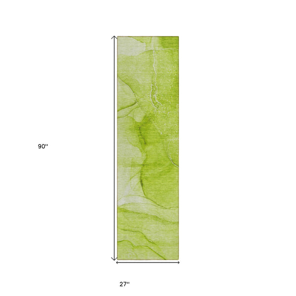 Homeroots 8' Runner Green Abstract Washable Non Skid Indoor Outdoor Runner Rug Green Polyester 559740