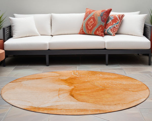 Homeroots 8' Round Orange Round Abstract Washable Non Skid Indoor Outdoor Area Rug Orange Polyester 559753
