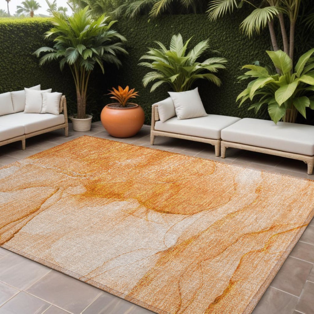 HomeRoots 5' Modern Beige Abstract Area Rug - Washable, Non-Skid, Stain-Resistant for Indoor & Outdoor Use Orange 559754