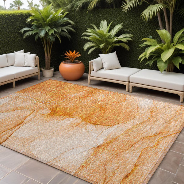Homeroots 9' X 12' Orange Abstract Washable Non Skid Indoor Outdoor Area Rug Orange Polyester 559755