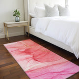 Homeroots 2' X 8' Pink Abstract Washable Non Skid Indoor Outdoor Runner Rug Pink Polyester 559758