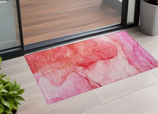 Homeroots 3' X 5' Pink Abstract Washable Non Skid Indoor Outdoor Area Rug Pink Polyester 559760
