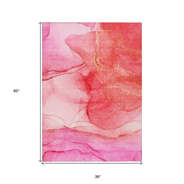 Homeroots 3' X 5' Pink Abstract Washable Non Skid Indoor Outdoor Area Rug Pink Polyester 559760