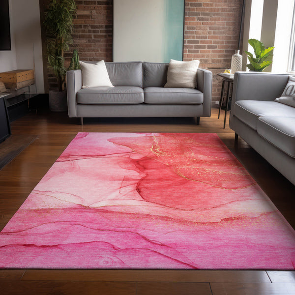 Homeroots 3' X 5' Pink Abstract Washable Non Skid Indoor Outdoor Area Rug Pink Polyester 559760