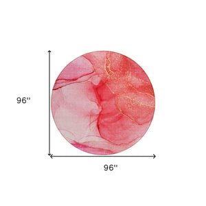 Homeroots 8' Round Pink Round Abstract Washable Non Skid Indoor Outdoor Area Rug Pink Polyester 559762