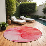 Homeroots 8' Round Pink Round Abstract Washable Non Skid Indoor Outdoor Area Rug Pink Polyester 559762