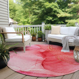 Homeroots 8' Round Pink Round Abstract Washable Non Skid Indoor Outdoor Area Rug Pink Polyester 559762