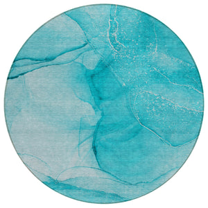 Homeroots 8' Round Teal Round Abstract Washable Non Skid Indoor Outdoor Area Rug Teal Polyester 559780