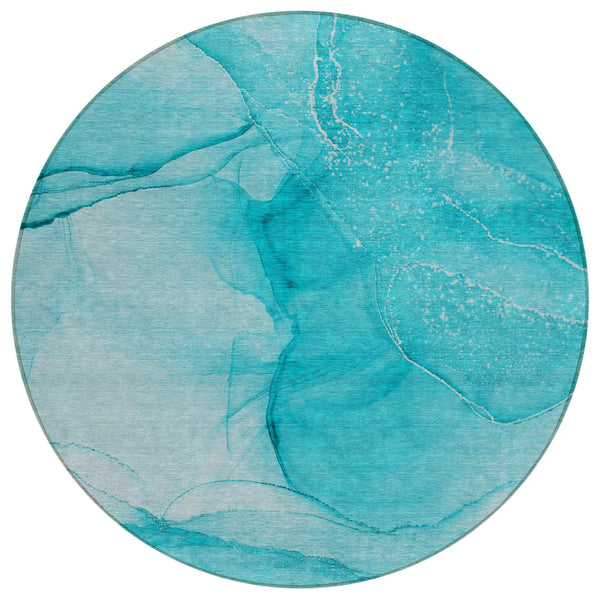 Homeroots 8' Round Teal Round Abstract Washable Non Skid Indoor Outdoor Area Rug Teal Polyester 559780