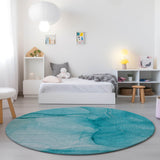 Homeroots 8' Round Teal Round Abstract Washable Non Skid Indoor Outdoor Area Rug Teal Polyester 559780