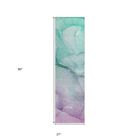 Homeroots 8' Runner Stylish Green Abstract Washable Non-skid Indoor/Outdoor Rug For Kids And Pets’ Spaces Aloe Polyester 559785