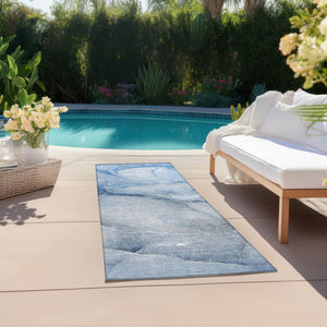 Homeroots 8' Runner Stylish Green Abstract Washable Non-skid Indoor/Outdoor Rug For Kids And Pets’ Spaces Blue Polyester 559794