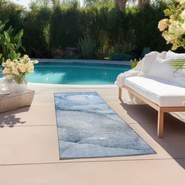 Homeroots 8' Runner Stylish Green Abstract Washable Non-skid Indoor/Outdoor Rug For Kids And Pets’ Spaces Blue Polyester 559794