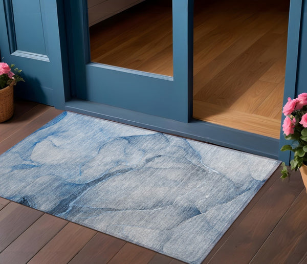 Homeroots 3' X 5' Blue Abstract Washable Non Skid Indoor Outdoor Area Rug Blue Polyester 559796