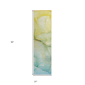 Homeroots 8' Runner Green Abstract Washable Non Skid Indoor Outdoor Runner Rug Green Polyester 559803