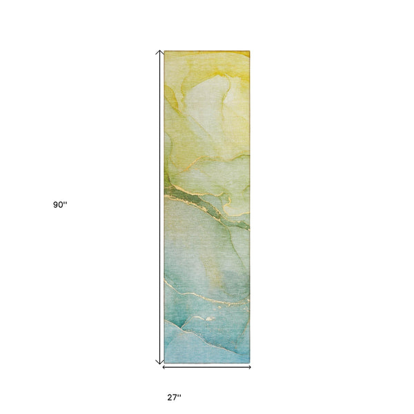 Homeroots 8' Runner Green Abstract Washable Non Skid Indoor Outdoor Runner Rug Green Polyester 559803